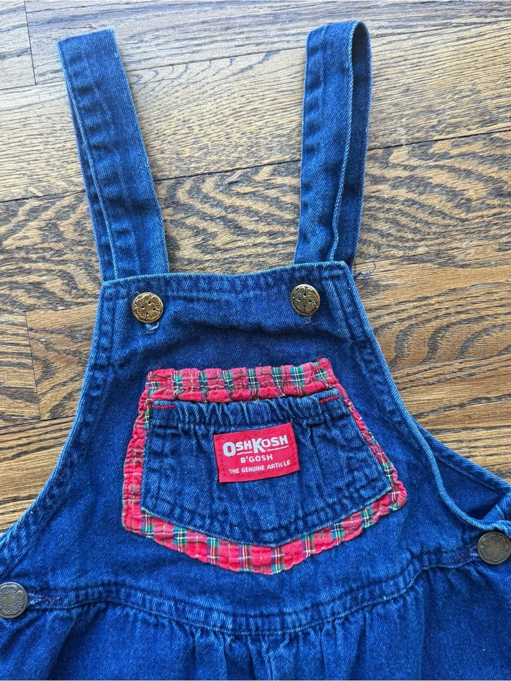 OshKosh B'gosh Vintage 90s Blue Denim Overalls with Red Plaid Accents